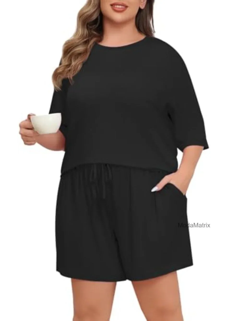 Plus Size 2 Piece Pajama Set with Pockets Short Sleeve Lounge Set